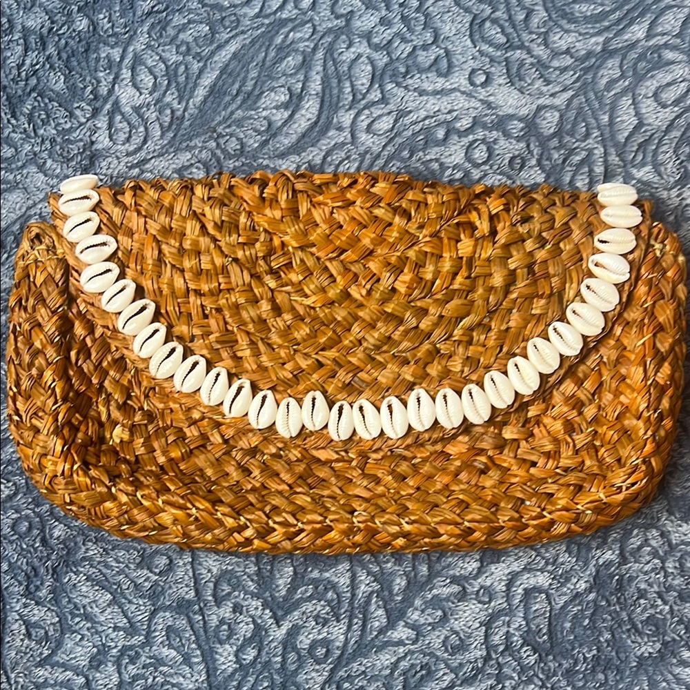Woven Tan Clutch with Shell Accents